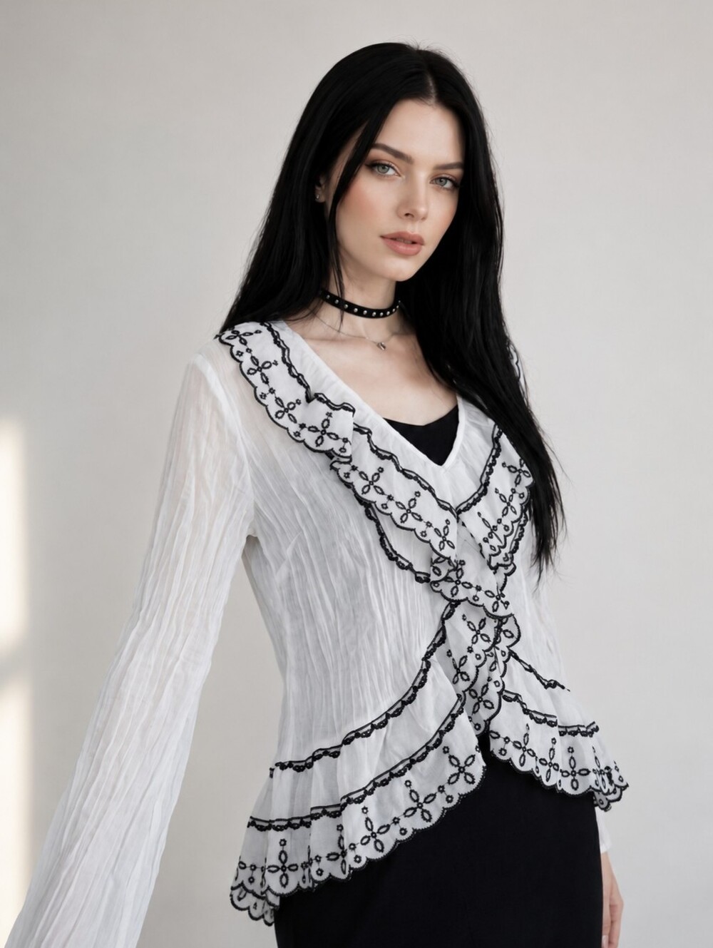 NWT NY Collection White Sheer Ruffle Blouse Black Lace Trim Romantic Goth